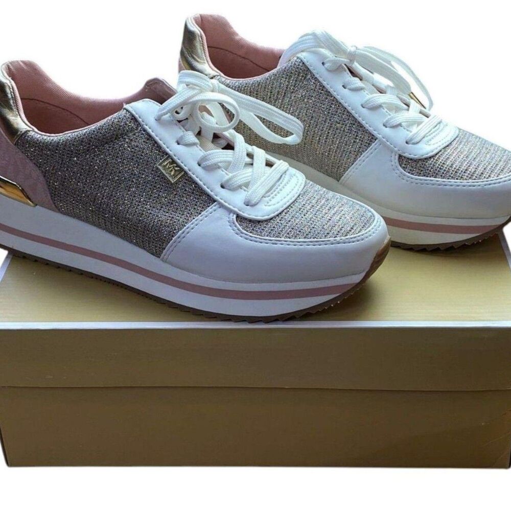 Michael Kors Woman's Monique Trainer Sneakers White Gold Size 7.5 New In Box